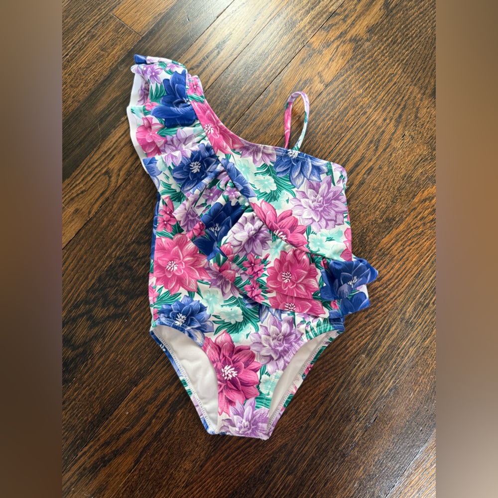 Janie & Jack Floral Ruffle One-shoulder Toddler Swimsuit - Pink, Green, Blue